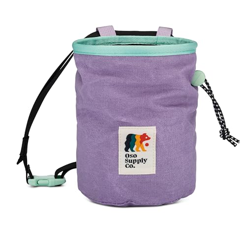 Oso Supply Co - Waxed Canvas Chalk Bag - Zipper Pocket & Mesh Pouch for Bouldering, Rock Climbing, Gym, Weightlifting – Water-Resistant, Adjustable Belt, Wide Opening - color: Lavender / Teal