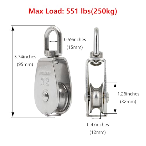 2X 304 Stainless Steel M32 Single Swivel Rope Pulley Blocks with Snap Hooks | 360° anti-twist swivel pulley. For lifting, towing & hanging wire rope on crane/outdoor. Has spring snap hooks for fast fit - size: M32-2pcs