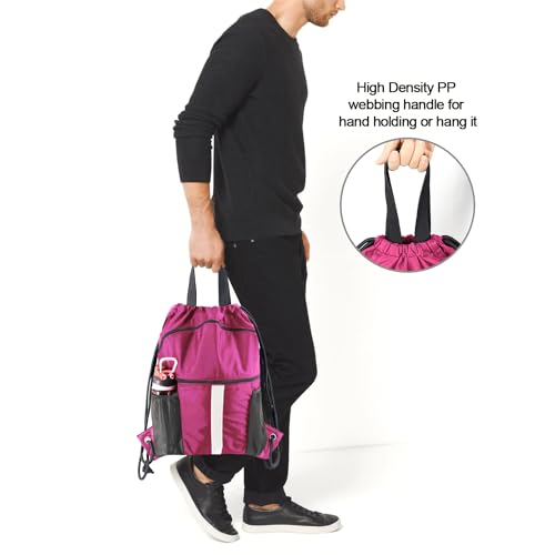 BeeGreen Drawstring Backpack Bag with Shoe Compartment, X-Large Black Gym Sports String Cinch Backpack - color: Rose Red