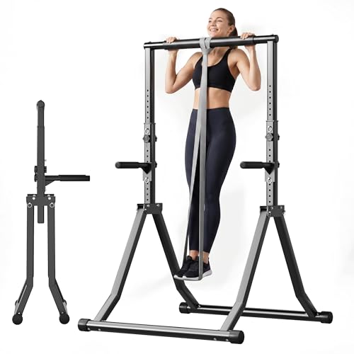 Foldable Pull Up Bar Station 66.1''-84.6'' Power Tower - color: 66"-85" with Dual Dip Handles & Assistance Bands