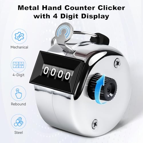 Anyongora Clicker Counter, Metal Hand Tally Counter Clicker with 4 Digit Display, Pitch Counter for Golf Stroke, Baseball, Coaching, Knitting, Lap, Row Sport, Silver
