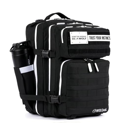 WOLFpak 35L Athletic Gym Backpack - Durable 1000D Waterproof Oxford Material with MOLLE Webbing, Laptop Pocket - color: Alpha Black White Accents