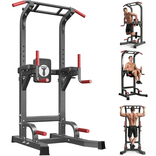 Power Tower Pull Up Bar Dip Station, Free Standing Pull Up Rack Dip Station for Home Gym, 10-Level Adjustable Height Pull Up Bar Stand Dip Bar Strength Training Workout Equipment - color: Dark Black
