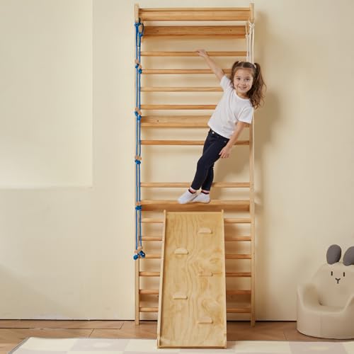 VEVOR Swedish Wall Gym, 15-Level 5 in 1 Wooden Indoor Jungle Gym, 220 lbs Load Capacity Playground Climbing Toys with Pull-Up Bar, Gymnastic Rings, Wall Ladder, Rope Ladder, and Slide Board - style: 15-Level 5 in 1