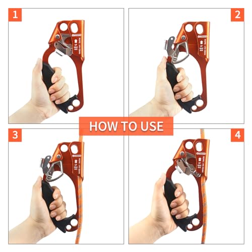 UIAA & CE Certified Hand Ascender Rock Climbing Tree Arborist Rappelling Gear Equipment Rope Clamp for 8~13MM Rope - color: Orange-Left