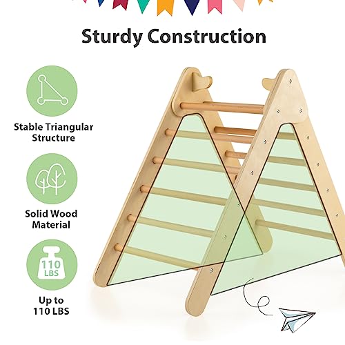 OLAKIDS Pikler Triangle Set 2 in 1 Climbing Toys for Toddlers Foldable Wood Montessori Baby Jungle Gym with Ladder Ramp Slide Kids Indoor Playground Activity Play Structure - color: Natural