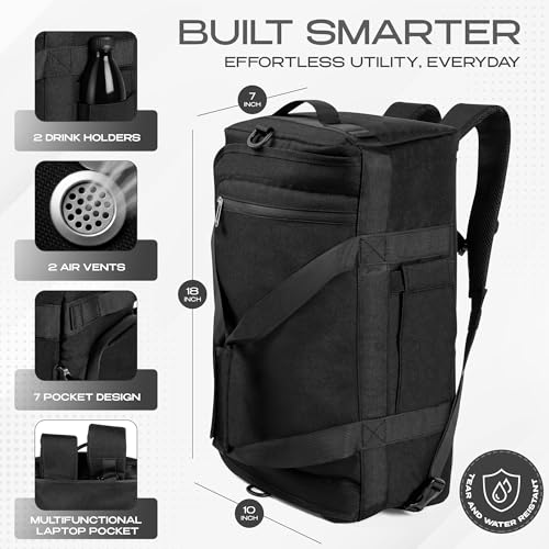 3-in-1 Duffle Bag Backpack with Shoe & Laptop Pocket, Cup Holder, Ventilated Gym & Travel Bag (Black/Silver) - color: Black/Silver