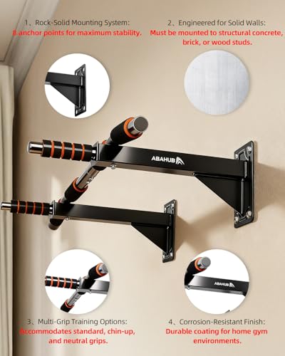 Abahub Wall Mounted Pull Up Bar,440lbs Multi-Grip Chin-Up Bar for Home Gym | Black/White,Durable,Heavy-Duty,Stable Training Bar - color: Black