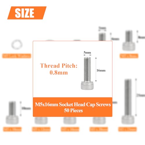 HELIFOUNER 50 Pieces M5 x 16mm, Thread Pitch 0.8mm, 304 Stainless Steel (18-8) Hex Socket Head Cap Screws, Fully Threaded - size: M5 x 16mm