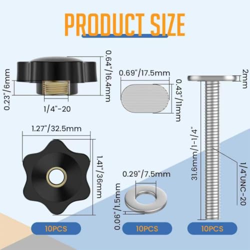 10 Sets 1/4"-20 T-Slot Fastener Kit | 1-1/4 Inch T Track Bolts with Star Knob Nuts | Heavy Duty Accessories | For Woodworking Fixture Installation - size: 1-1/4 Inch