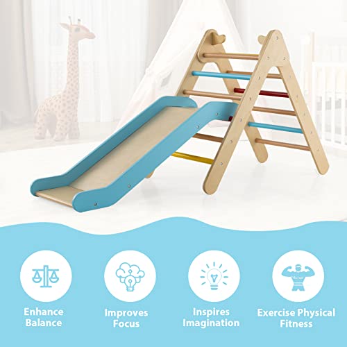 OLAKIDS Pikler Triangle Set 2 in 1 Climbing Toys for Toddlers Foldable Wood Montessori Baby Jungle Gym with Ladder Ramp Slide Kids Indoor Playground Activity Play Structure - color: Rainbow