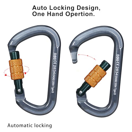 Auto Locking Rock Climbing Carabiner Clips, Heavy Duty Asymmetrical Carabiner Connector Used for Rappelling Rescue Outdoor Climbing, Mountaineer, Hammock, Camping - color: 28KN（4pack）