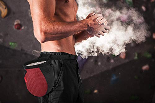 Rhino Valley Climbing Chalk Bag, No Leak Drawstring Chalk Bag with Adjustable Belt, Carabiner Clip and Zippered Pockets Chalk Bag for Rock Climbing, Cross Fit, Weight Lifting & More - color: Black/Red