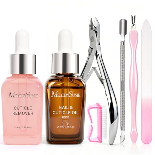 MelodySusie Cuticle Remover Kit,Cuticle Remover Cream and Oil 25ML | Cuticle Nipper,Trimmer Pusher,Nail File and Brush for Cuticle Softener & Moisturize Manicure Kit for Nail Care Rose - size: 7Pcs Rose