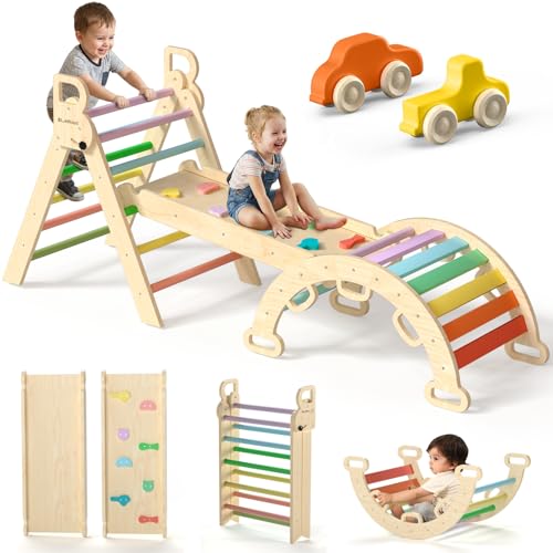 BlueWood Pikler Triangle Set with Safe Handle, Climbing Toys for 1-3 Year | Foldable 7-in-1 Montessori Toddler Climbing Toys Indoor, Wooden Pickler Climbing Set, Baby Jungle Gym & Playground, Rainbow - color: Rainbow