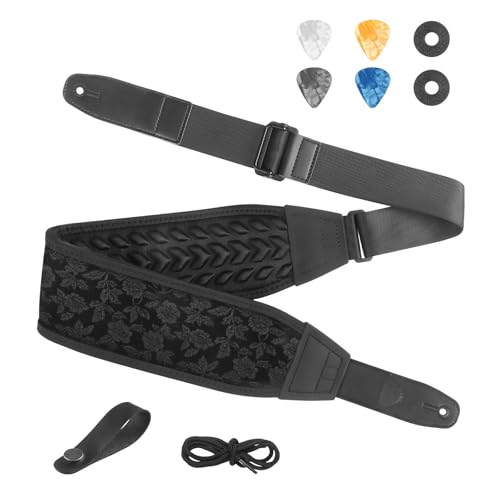 Guitar Strap and Bass Strap, Embroidered Guitar Strap, Adjustable Strap Length, Equipped with 3D Sponge Filled Foam Pad, Comes with 4 Picks + 2 Strap Locks, Best Gift for Guitar Players, Black - color: Black Embroidery