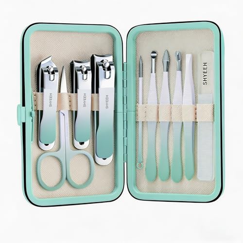 Manicure Set, 10 pcs High-Carbon Steel Nail Clippers Set, Portable Mini Manicure and Pedicure Kit, Travel Grooming Nail Kit with Leather Bag for Men and Women - color: AquaBlue