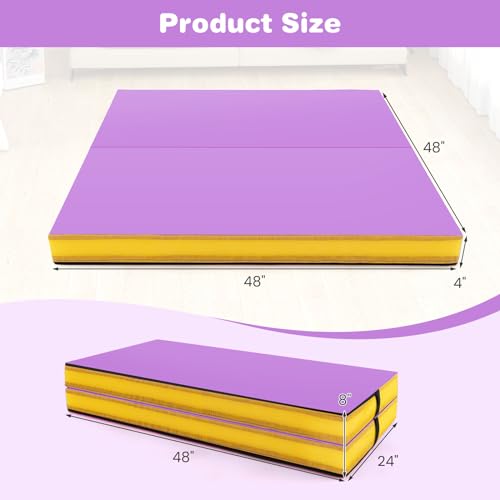 Goplus 4" Thick Folding Gymnastic Mat, Thickened Bi-Fold Fitness Mat with Carrying Handles & PU Leather Cover, Home Gym Tumbling Mat for Stretching, Pilates, Aerobics Workouts - color: Purple&Yellow
