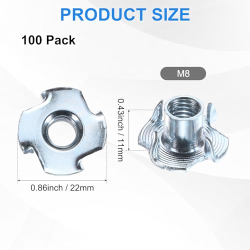 M METERXITY 100-Pack M8x11mm T-nut, 4-Pronged Tee Nut Threaded Insert | Carbon Steel, for Wood, Rock Climbing Holds, Furniture, Corrosion Resistant Fasteners - size: M8x11mm