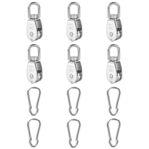 6X 304 Stainless Steel M20 Single Swivel Rope Pulley Blocks with Snap Hooks | 360° anti-twist swivel pulley. For lifting, towing & hanging wire rope on crane/outdoor. Has spring snap hooks for fast fit - size: M20-6pcs