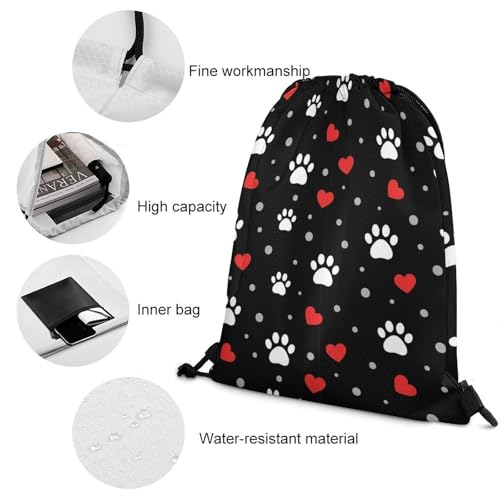 Swimming Drawstring Sack Waterproof Gym Backpack for Beach Sports Yoga Gear, Lightweight Unisex, Paw Prints And Hearts On Black Bags - color: Picture (31)