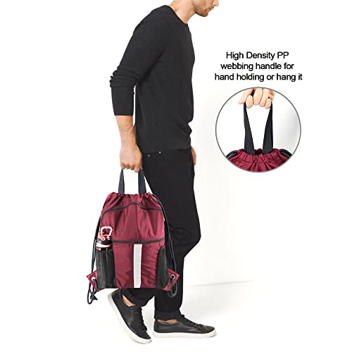 BeeGreen Drawstring Backpack Bag with Shoe Compartment, X-Large Black Gym Sports String Cinch Backpack - color: Wine Red