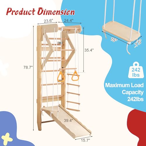 Wooden Indoor Jungle Gym 6-in-1 Playground Climbing Toys for Kids Ages 2-6, Climbing Playset Wall Ladder, Pull-Up Bar, Rope Ladder, and Gymnastic Rings, Supports 242 lbs (6-in-1) - size: 6-in-1