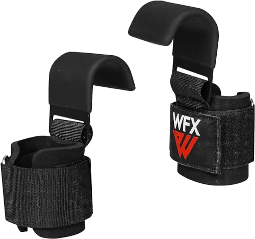 WFX Weight Lifting Hooks, Non-Slip Rubber Coated Grips, 7mm Neoprene Wrist Support Padding, Power Lifting Barbell Rows Dead Lifts Chin Pull Up Fitness Strength Training Straps Gym Workout Straps