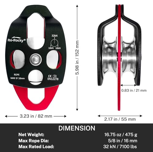 Double Sheave Pulley 32 kN CE Certified Rescue Climbing Gear with Swing Plate for Progress Capture System Rigging Hauling Arborist Tree - Black - color: Double Pulley - Black