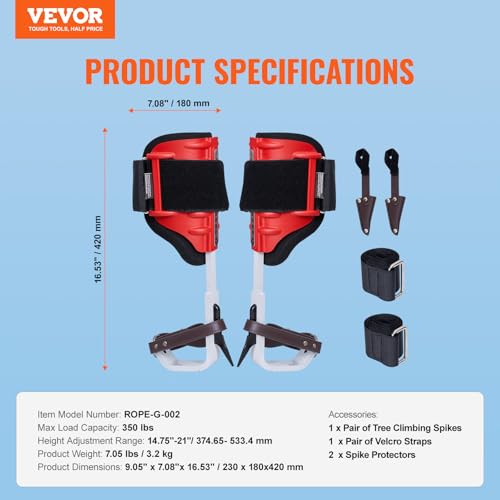 VEVOR Tree Climbing Spikes, 1 Pair Height-Adjustable Climbing Spurs, 350lbs Load Capacity Tree Climbing Gear with Straps, Arborist Equipment for Climbers, Hunting, Fruit Picking - color: Red (Upgraded)