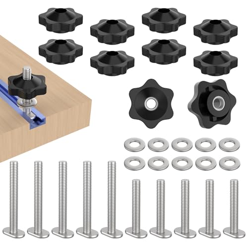 10 Sets 1/4-20 T Track Bolt Knob Kit | T-Track Accessory Includes 1-1/2" & 2" T-Slot Bolts with Washers and Star Knobs for Woodworking Jigs and Fixtures - size: 1/4-20 T Track Knob Kit