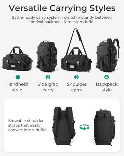 BAGSMART 4-IN-1 Gym Bag for Women Men, TSA Duffle Bag for Travel | With Shoe Compartment & Wet Pocket, 22L/30L/38L Tactical Backpack with 40oz Water Bottle Holder, Lightweight, Water-resistant - color: Military Black