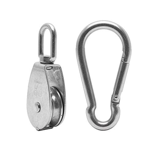 1PC 304 Stainless Steel M50 Single Pulley Block, Wire Rope Hanging Wire Towing Wheel, with 1PC Spring Snap Hook - size: M50-1pc