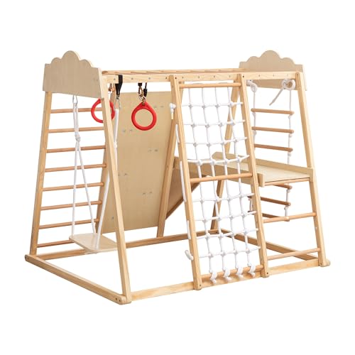 8-in-1 Wooden Indoor Jungle Gym for Toddlers, Montessori Climbing Playset with Slide, Swing, Climbing Net, Rings, Monkey Bars – Indoor Playground for Kids Ages 3-8 - size: 8-in-1