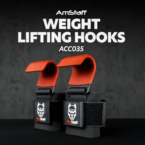 AmStaff Fitness Weight Lifting Hooks (Pair) - Gym Wrist Straps with Steel Hooks for Weightlifting, Pull-Ups, Deadlifts, Strength Training, and Fitness Workouts - Adjustable Neoprene Wrist Support - color: Red