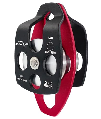 Double Sheave Pulley 32 kN CE Certified Rescue Climbing Gear with Swing Plate for Progress Capture System Rigging Hauling Arborist Tree - Black - color: Double Pulley - Black