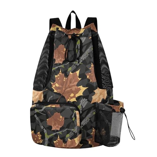 Drawstring Climbing Gym Bag With Pockets Drawstring Bags For Men Women with Wet Dry Compartments Camouflage Maple Leaf Branch Brown Black