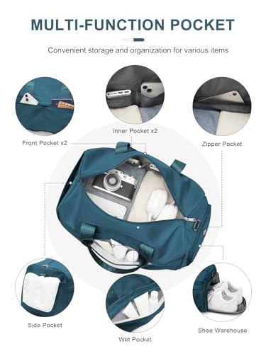 Gym Bag for Women Men with Shoe Compartment, Sport Duffel Bag, Waterproof Travel Weekender Overnight Carry on Bag for Yoga with Trolley Sleeve, Peacock Blue - color: A4-Peacock Blue
