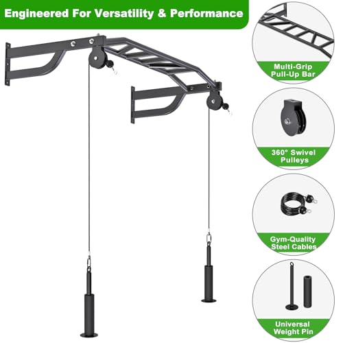 SELEWARE 48'' Heavy Duty Wall Mount Pull Up Bar with Cable Pulley System | Multi-function Chin up Bar with Cable Pulleys LAT Pulldown Attachments Heavy Bag Hanger for Home/Garage Gym Strength Training - color: C. Black Pull Up Bar with Cable Pulley System