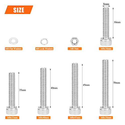 HELIFOUNER 70 Pieces M8 x 30mm /35mm /40mm /45mm /50mm, Hex Socket Head Cap Metric Screws Bolts Washers Nuts Kit, 304 Stainless Steel - size: M8 x 30/35/40/45/50mm