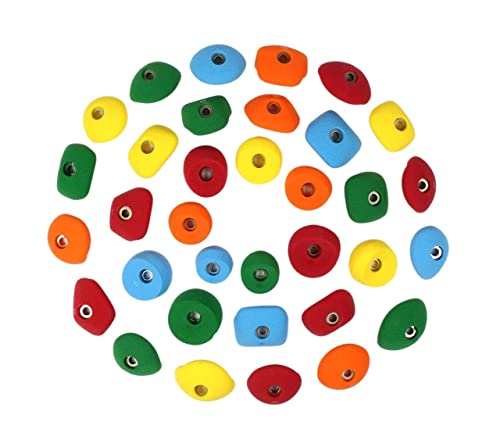 Atomik Rock Climbing Holds Set of 34 Pack Bolt-On Handholds and Footholds in Assorted Bright Tones