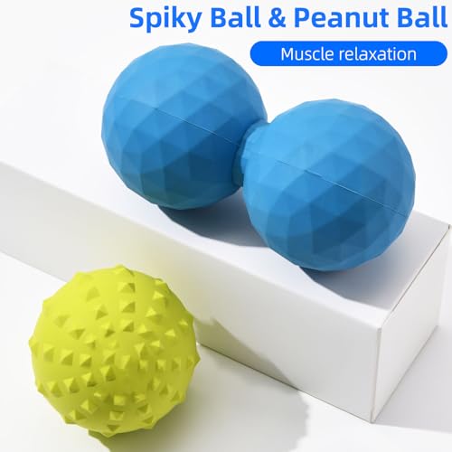 Peanut & Spiky Ball Set for Physical Therapy Blue | Peanut roller + firm spiky ball; deep tissue, trigger point; spine-safe - color: Blue+yellow
