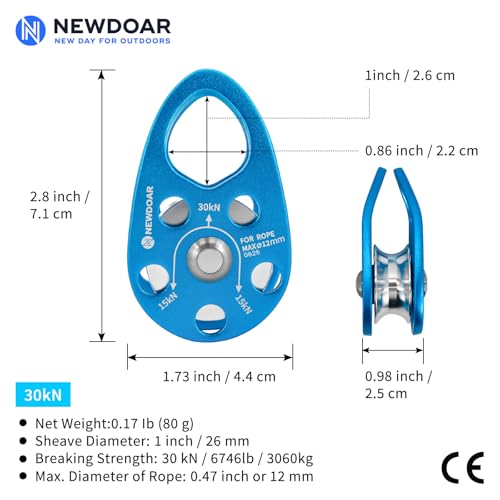 NewDoar Micro Mobile Pulley 30KN/6746lb Mobile Single Pulley Cheek Shaped for Max Rope 12mm Rope for Climbing, Rescue Lifting,Hitch Tending (Blue-Pack of 2) - color: Blue-Pack of 2