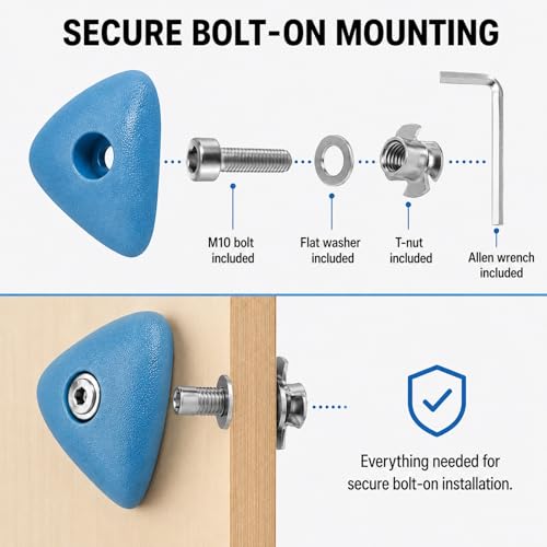 36 Pack Rock Climbing Holds with M10 Hardware, Textured Resin Wall Grips | Assorted shapes for route setting; fits garage & home gym wood walls; 230lb capacity; adult install required