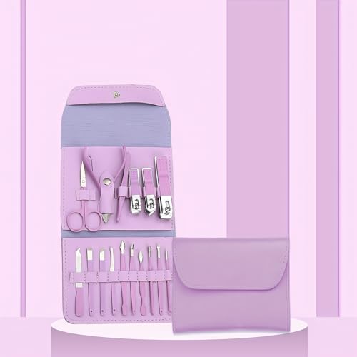 Manicure Set Professional Nail Clippers Pedicure Kit, 16 pcs Stainless Steel Nail Care Tools Grooming Kit with Luxurious Travel Leather Case for Thick Nails Men Women (Violet)