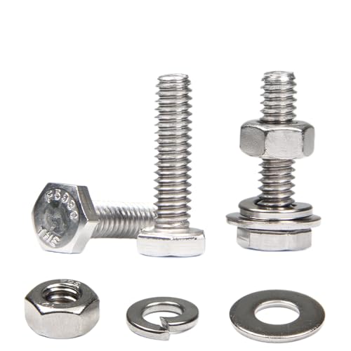 MroMax 20 Sets 1/4-20 x 1 Hex Head Screw Bolt, Nuts, Flat Washer & Spring Lock Washers Kits,Fully Threaded, Stainless Steel 18-8（304）, Bright Finish - size: 1/4-20 x 1" (20 Sets)