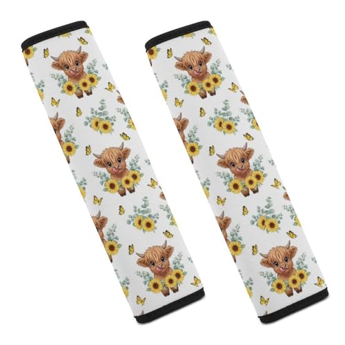 2 Pack Breathable Car Seat Straps Shoulder Pads for Adults and Children, All Vehicles, Cute Sunflower Highland Cow Harness Pads Strap, Pressure Relief - color: Pattern 218