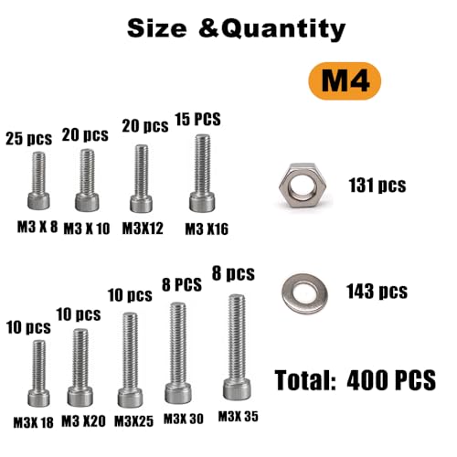 M4 Hex Socket Head Screws Assortment Kit, 304 Stainless Steel Metric Screws - size: M4