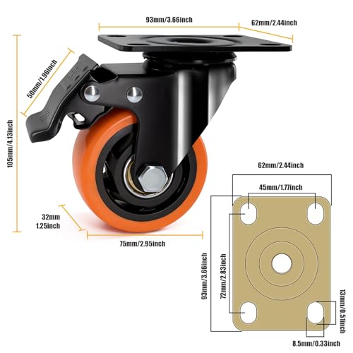 QNCZ Caster Wheels, 3 Inch Heavy Duty Casters Set of 4, Silent Industrial Casters Load 1500lbs, Swivel Casters for Furniture, Workbench and Cart Wheels | Easy to Install, Efficient operation, convenient braking,Silent, Floor friendly,Widely Applied for Ca