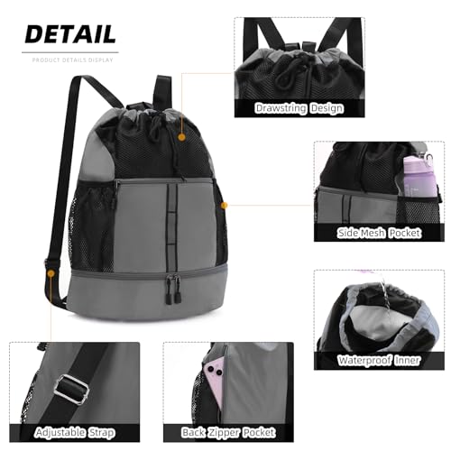 Valleycomfy Drawstring Gym Bag Sports Backpack With Shoe Compartment Grey | Reflective Strips Top Handle - color: Grey08
